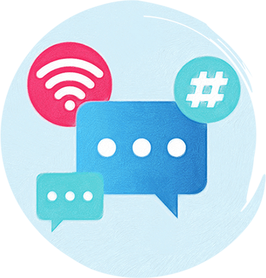 speech bubbles, a hashtag, and wireless signal