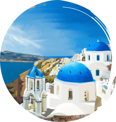 White buildings with blue domes next to sea in Greece